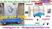 Xe đẩy hàng sàn nhựa 300kg có lồng sắt giá rẻ, siêu cạnh tranh call 0984423150