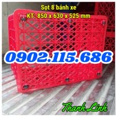 Sọt nhựa HS022, sọt nhựa 8 bánh xe, sọt nhựa công nghiệp, thùng nhựa rỗng, sọt n