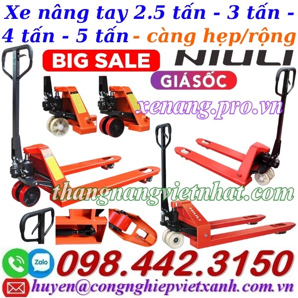 Xe nâng tay NIULI càng hẹp/càng rộng tải nâng 2.5 tấn - 3 tấn - 4 tấn - 5 tấn