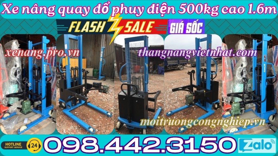 Xe nâng quay đổ phuy điện 500kg nâng cao 1600mm