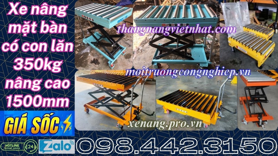 Xe nâng mặt bàn con lăn 350kg nâng cao 1.5 mét