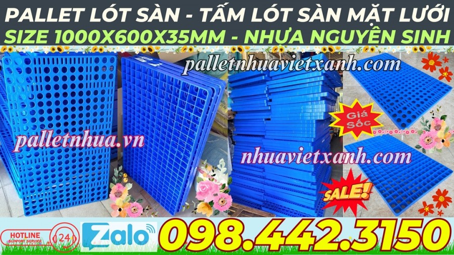 Pallet nhựa không chân 1000x600x35mm mặt lưới nhựa nguyên sinh màu xanh dương