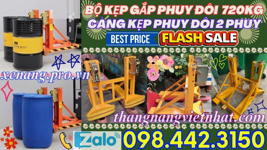 Bộ kẹp gắp thùng phuy đôi 2 thùng phuy 720kg