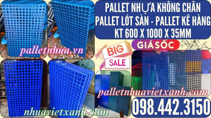 Pallet nhựa lót sàn không chân 1000x600x35mm - mặt lưới - xanh dương