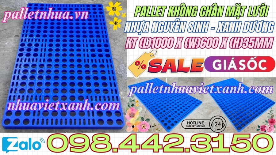 Pallet lót sàn không chân 600x1000x35mm - mặt lưới - nhựa nguyên sinh - màu xanh dương