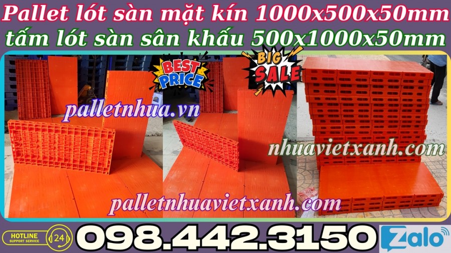 Pallet nhựa không chân mặt liền 1000x500x50mm màu cam