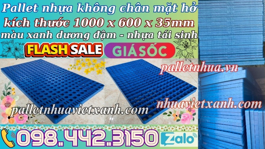 Pallet nhựa không chân 1000x600x35mm mặt lưới nhựa tái sinh màu xanh dương đậm