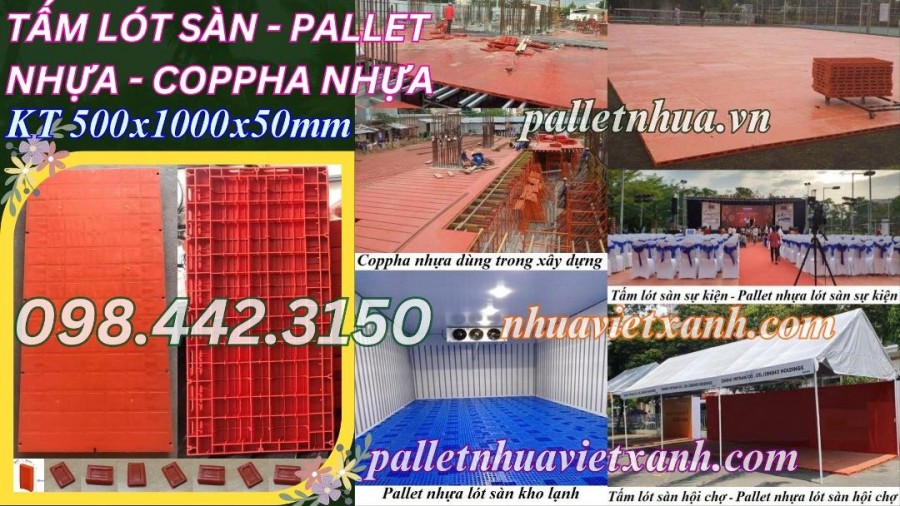 Pallet nhựa làm sàn sân khấu di động 500x1000x50mm mặt kín màu cam