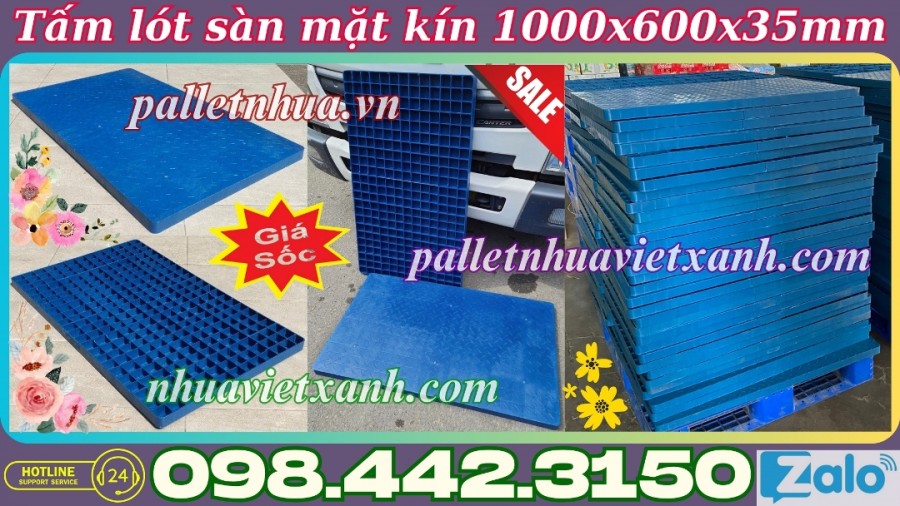 Pallet nhựa không chân 1000x600x35mm mặt liền nhựa tái sinh màu xanh dương đậm