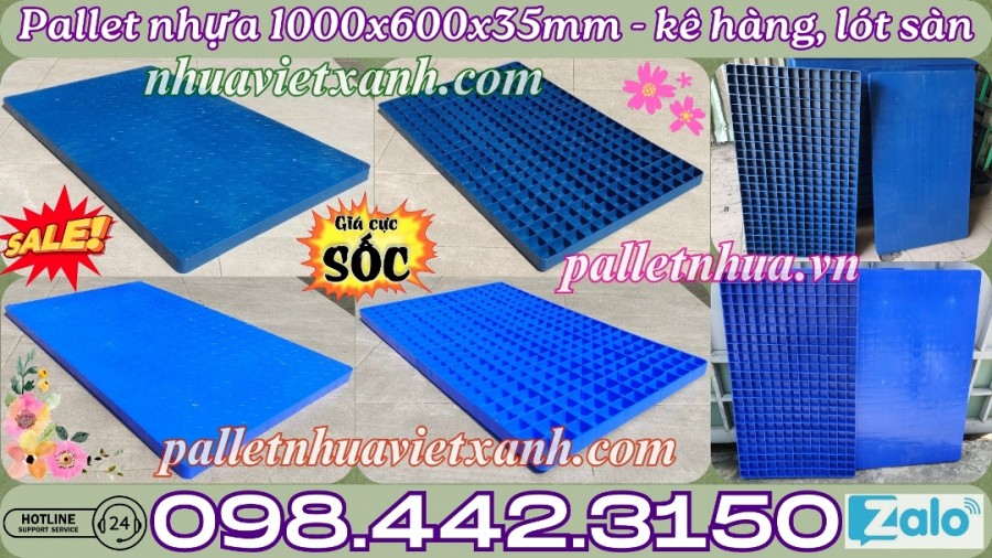 Pallet nhựa lót sàn không chân 1000x600x35mm - mặt kín - xanh dương