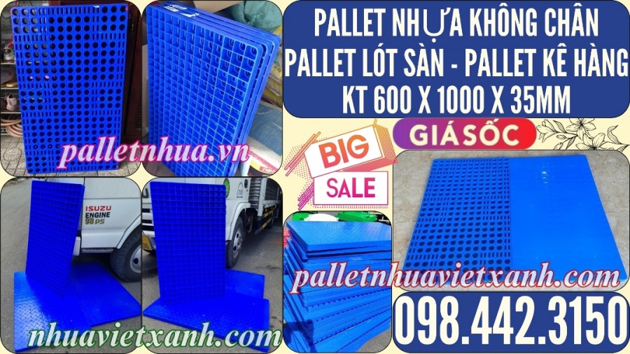 Pallet nhựa lót sàn không chân 1000x600x35mm nhựa nguyên sinh