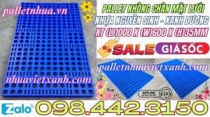 Pallet lót sàn không chân 600x1000x35mm - mặt lưới - nhựa nguyên sinh - màu xanh dương