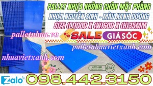 Pallet nhựa không chân 1000x600x35mm mặt liền nhựa nguyên sinh màu xanh dương