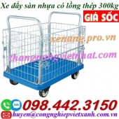 Xe đẩy hàng sàn nhựa có lồng thép 300kg giá sốc