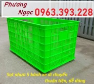 Sọt nhựa 5 bánh xe, sọt nhựa công nghiệp kéo hàng, sóng nhựa hở có bánh xe