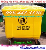 Thùng rác 660 lít màu vàng nhựa HDPE - 4 bánh xe