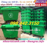 Thùng rác nhựa 660 lít 4 bánh xe - nắp kín - màu xanh lá và cam giá siêu rẻ