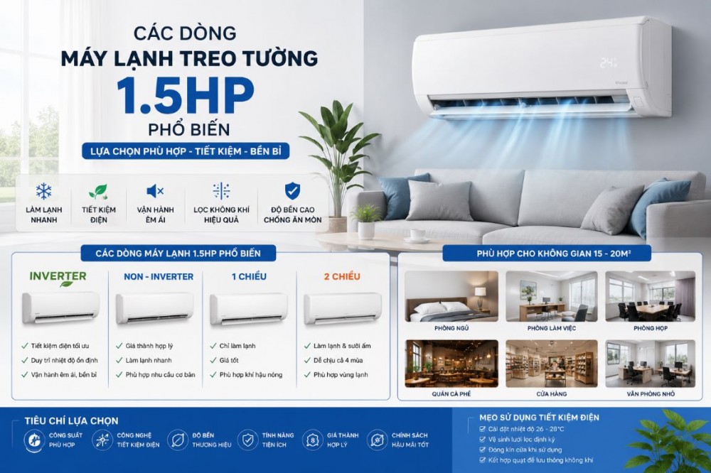Các Dòng Máy Lạnh Treo Tường 1.5HP Phổ Biến Hiện Nay – Nên Chọn Loại Nào?