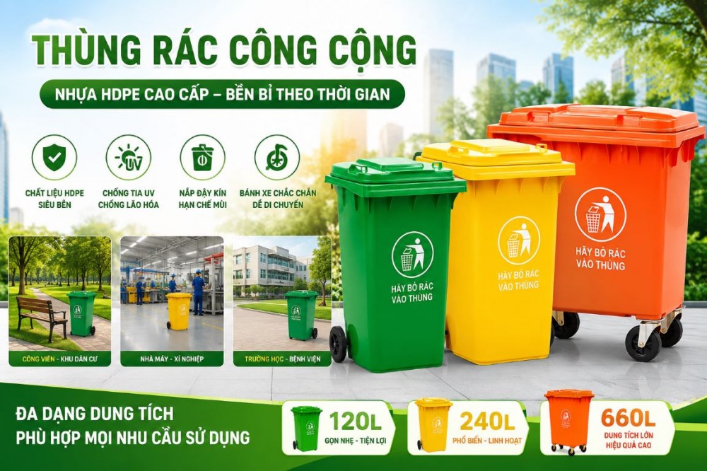 Thùng Rác Công Cộng Nhựa HDPE 120L, 240L, 660L – Giải Pháp Thu Gom Rác Hiệu Quả Cho Đô Thị Và Doanh