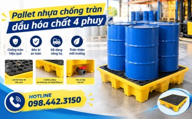 Pallet nhựa chống tràn dầu - hóa chất 4 phuy - KT 1300x1300x300mm giá rẻ