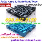 Pallet nhựa 1200x1000x150mm 3 đường thẳng đen - xanh dương giá rẻ